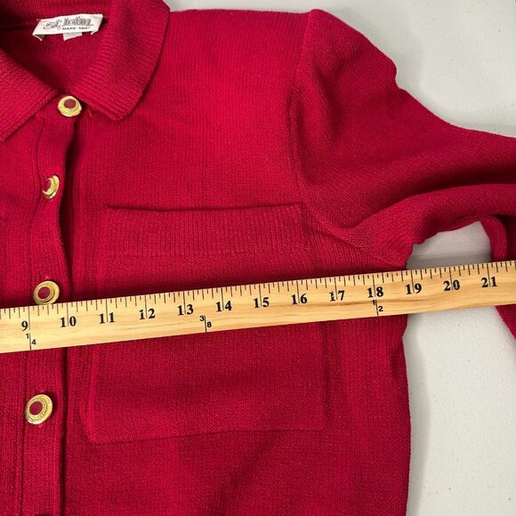 St John Marie Gray Cardigan Size 8 Red Gold Button Front Santana Knit - Picture 7 of 10